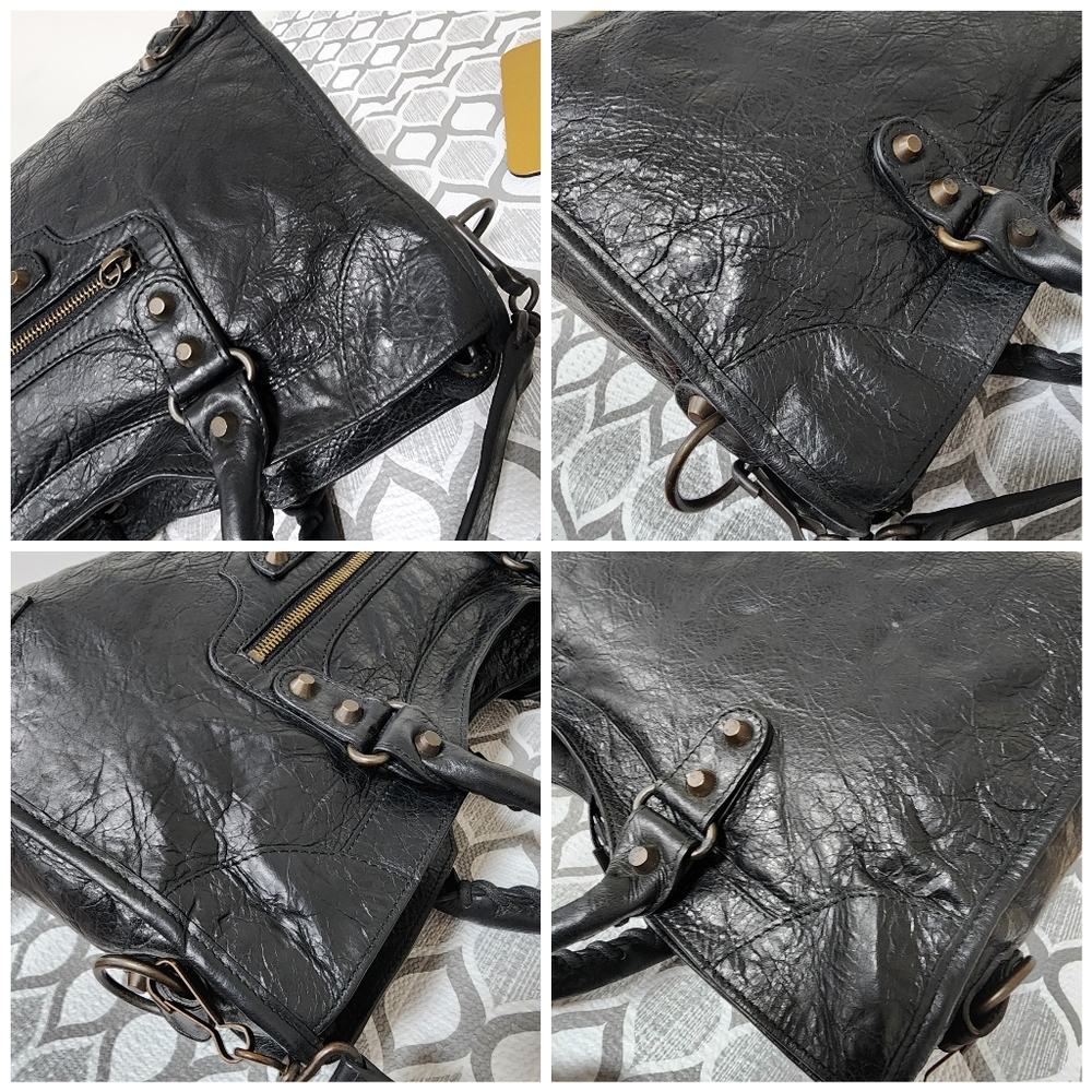 BALENCIAGA Anthracite Lambskin Leather Motorcycle Part Time Satchel Bag Black - Picture 13 of 15